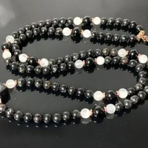  Astrophyllite, Selenite, and Black Tourmaline Mala Necklace featuring genuine beads, designed for Crown and Soul Chakra balance and spiritual growth for Capricorn.