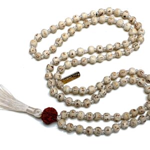 Tulsi / Holy Basil Hand Knotted Mala Necklace featuring 108 beads, designed to activate the Crown Chakra for spiritual growth and purification, associated with Libra energy.