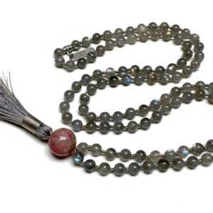  Labradorite Hand-Knotted Mala Necklace with 108 beads, designed to enhance intuition and spiritual awareness. Resonates with Sagittarius and Scorpio, supporting the Third Eye and Crown Chakras for transformation and protection.