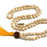 Tulsi & Rudraksha Knotted Mala Beads Necklace, designed for grounding and spiritual practice, featuring sacred Tulsi wood and Rudraksha seeds, resonating with Capricorn and supporting the Root Chakra.