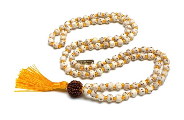 Tulsi & Rudraksha Knotted Mala Beads Necklace, designed for grounding and spiritual practice, featuring sacred Tulsi wood and Rudraksha seeds, resonating with Capricorn and supporting the Root Chakra.