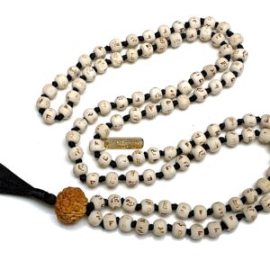 Tulsi Holy Basil Hare Rama Hand Knotted Mala Necklace featuring sacred Tulsi beads, designed for spiritual devotion and protection, aligned with the Heart Chakra, and resonating with Sagittarius and Pisces.