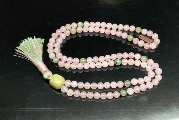 Rose Quartz & Prehnite Mala Necklace featuring 108 hand-knotted beads, designed to support the Heart and Solar Plexus Chakras. Ideal for Taurus and Libra, it promotes love, emotional healing, and personal empowerment.