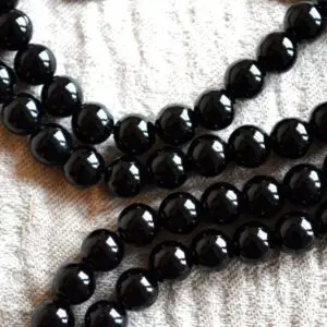 Black Tourmaline Mala Beads Necklace featuring genuine black tourmaline beads, designed for Root Chakra balance, Capricorn & Libra energies, and enhanced grounding and protection.