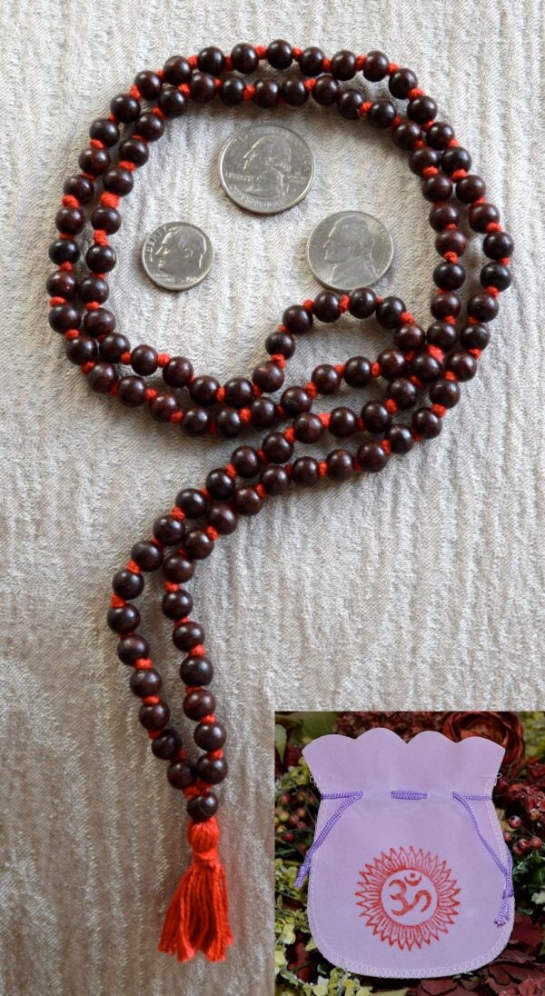 Red Sandalwood (Laal Chandan) Mala Necklace featuring 108 hand-knotted beads designed for grounding and protection. Resonates with Aries and Scorpio zodiac signs.