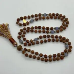 Rudraksha Kriya Mala Beads Necklace featuring 108 beads, including the Guru bead, designed for Root Chakra balance and spiritual devotion for Parmahansa Yogananda Oriya mala