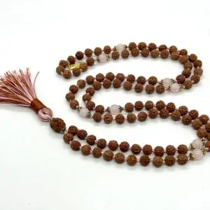 Rudraksha & Rose Quartz Kriya Mala designed for Root Chakra support, enhancing spiritual practice and grounding, with energies resonating with Capricorn.