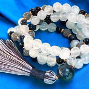 Selenite, Kyanite & Labradorite Mala Necklace featuring 108 hand-knotted beads, designed for spiritual clarity, intuition, and Crown and Third Eye Chakra activation. Resonates with Gemini and Pisces zodiac signs.