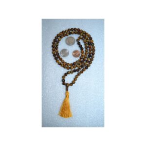 Tiger Eye Mala Beads Necklace featuring 108 hand-knotted beads, designed to activate the Solar Plexus Chakra for strength and clarity, associated with Capricorn and Leo.