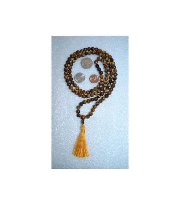 Tiger Eye Mala Beads Necklace featuring 108 hand-knotted beads, designed to activate the Solar Plexus Chakra for strength and clarity, associated with Capricorn and Leo.