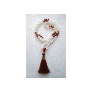 Mala Necklace with Rainbow Moonstone, Malachite, and Carnelian beads, designed for Sacral, Heart, and Crown Chakras, associated with Cancer and Virgo.