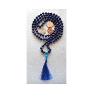 Lapis Lazuli Mala Necklace designed for Third Eye and Throat Chakra support, enhancing intuition, communication, and self-expression, with gemstones resonating with Sagittarius and Libra.