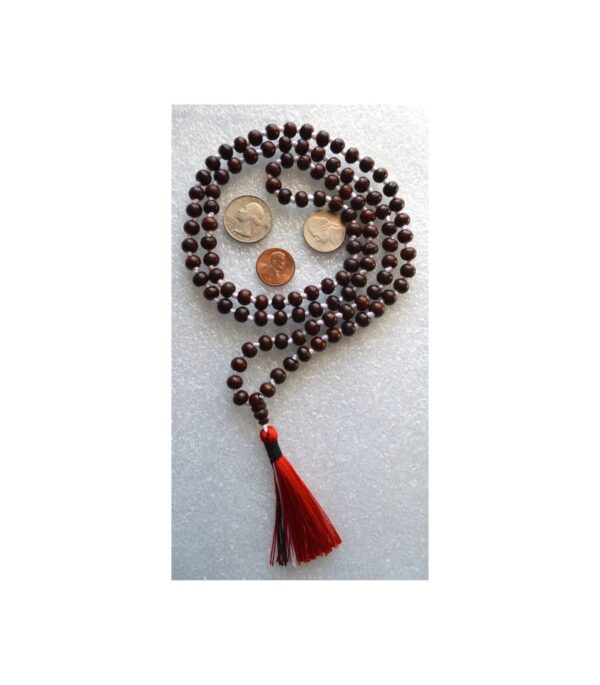 Rosewood Mala Beads Necklace featuring 108 hand-knotted Rosewood beads, designed for compassion, grounding, and emotional balance. Supports the Heart and Root Chakras, resonating with Leo and Sagittarius.