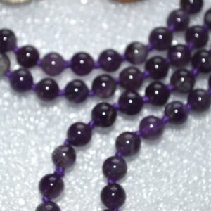 Amethyst Stone Mala Necklace designed for Third Eye and Crown Chakra balance, intuition, and spiritual growth, associated with Pisces and Aquarius.