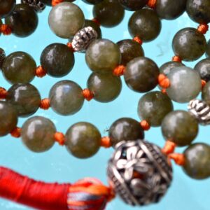 Labradorite Mala Necklace featuring 108 hand-knotted beads designed for intuition, transformation, and spiritual protection. Resonates with Leo and Scorpio zodiac signs.