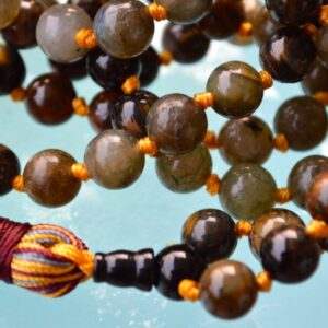 Hand-knotted Labradorite and Tiger Eye Mala Necklace with shimmering blue-gray and golden-brown beads, designed for protection, confidence, and spiritual insight. Ideal for meditation and chakra balancing.