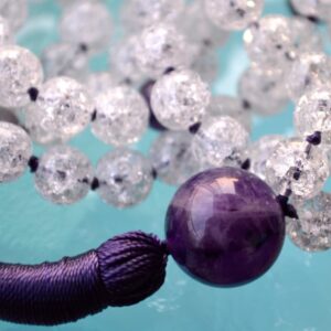 Crackled Crystal Quartz & Amethyst Mala Necklace with 108 beads for clarity, intuition, and spiritual alignment, ideal for Aquarius and Pisces, supporting the Crown and Third Eye Chakras.