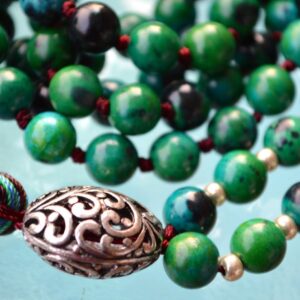 Chrysocolla Hand Knotted Mala Beads Necklace designed to balance the Heart and Throat Chakras, promoting emotional balance, clear communication, and resonating with Gemini and Virgo energies.