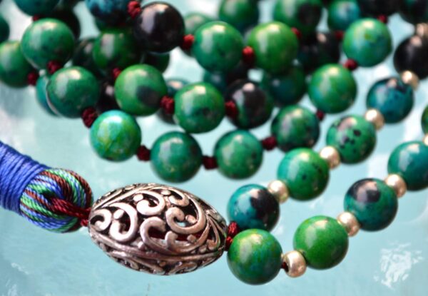 Chrysocolla Hand Knotted Mala Beads Necklace designed to balance the Heart and Throat Chakras, promoting emotional balance, clear communication, and resonating with Gemini and Virgo energies.