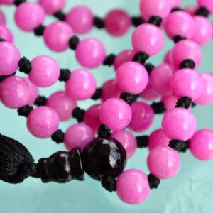 Magenta Jade Mala Necklace designed for Heart Chakra support, promoting love, harmony, and emotional balance, resonating with Aries and Libra sun signs.