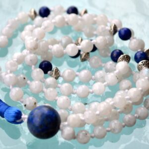 Moonstone & Lapis Lazuli Mala Necklace designed for Third Eye and Crown Chakra support, enhancing intuition, spiritual awareness, and emotional balance, resonating with Cancer and Sagittarius.