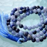 Aquamarine & Lapis Mala Beads Necklace designed for Throat and Third Eye Chakra support, intuition, and clarity, associated with Pisces and Sagittarius.