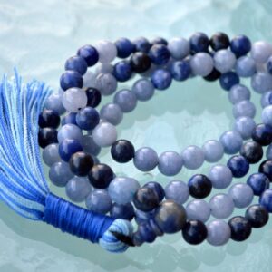 Aquamarine & Lapis Mala Beads Necklace designed for Throat and Third Eye Chakra support, intuition, and clarity, associated with Pisces and Sagittarius.