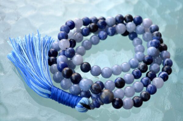 Aquamarine & Lapis Mala Beads Necklace designed for Throat and Third Eye Chakra support, intuition, and clarity, associated with Pisces and Sagittarius.