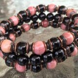 Empath Protection Rhodonite & Black Tourmaline Beaded Bracelet for Libra sun sign, featuring root chakra healing and emotional balance benefits - set of 3 bracelets