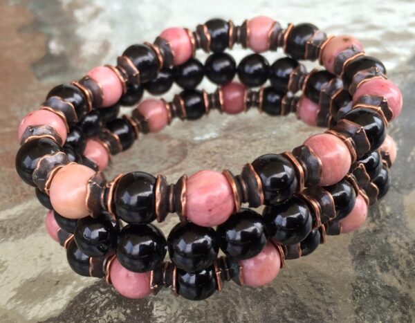 Empath Protection Rhodonite & Black Tourmaline Beaded Bracelet for Libra sun sign, featuring root chakra healing and emotional balance benefits - set of 3 bracelets