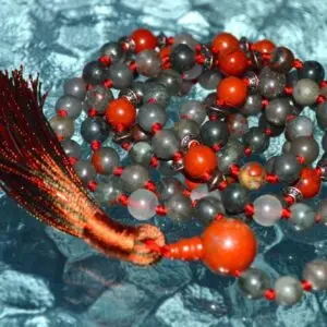 Bloodstone & Jasper Mala Necklace featuring earthy-toned beads, designed for grounding and emotional balance, supporting the Root and Heart Chakras, associated with Aries and Libra zodiac signs.