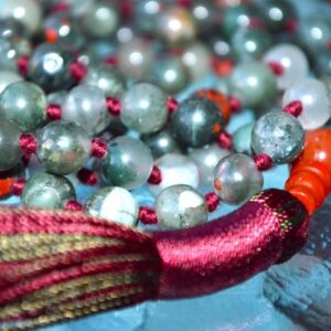 Red & Green African Bloodstone Mala Beads Necklace featuring 108 hand-knotted beads, designed to balance the Root and Heart Chakras, enhancing strength and courage, and resonating with Aries and Libra.