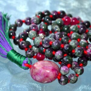 Anyolite Ruby Zoisite Beads Necklace featuring 108 hand-knotted beads, designed to open the Heart Chakra, promoting love and transformation, and resonating with Aries and Gemini.