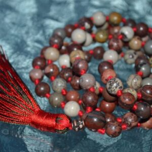 Moss Jasper Knotted Mala Beads Necklace designed to support the Heart Chakra, promoting emotional balance and growth, resonates with Virgo and Taurus for grounding and stability.