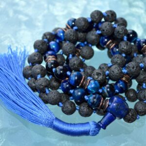 Hawk's Eye & Blue Tiger's Eye Mala Necklace with Basalt Lava, designed for Throat and Root Chakra balance, insight, and grounding energy, associated with Capricorn and Sagittarius.