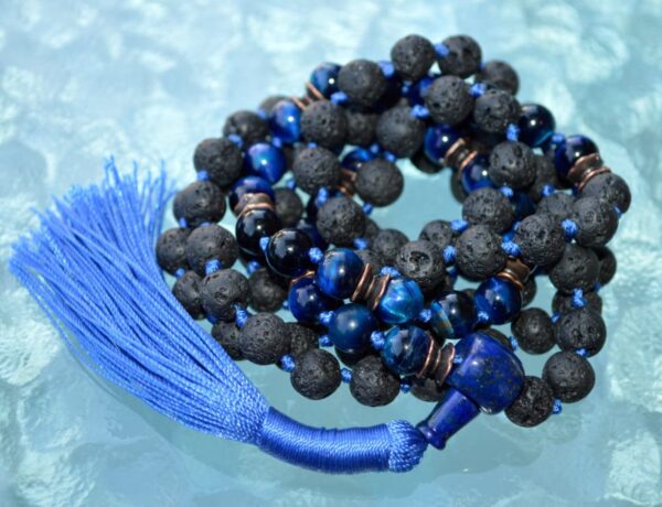 Hawk's Eye & Blue Tiger's Eye Mala Necklace with Basalt Lava, designed for Throat and Root Chakra balance, insight, and grounding energy, associated with Capricorn and Sagittarius.