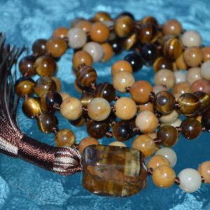 Tiger Eye & Moroccan Agate Mala Necklace designed for Solar Plexus and Root Chakra support, enhancing confidence, grounding, and personal power, with gemstones resonating with Leo and Scorpio.