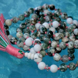 Jade & Tree Agate Mala Necklace featuring 108 hand-knotted beads of Jade and Tree Agate, designed for balance, grounding, and connection to nature. Aligns with the Heart and Root Chakras, resonating with Virgo and Pisces.