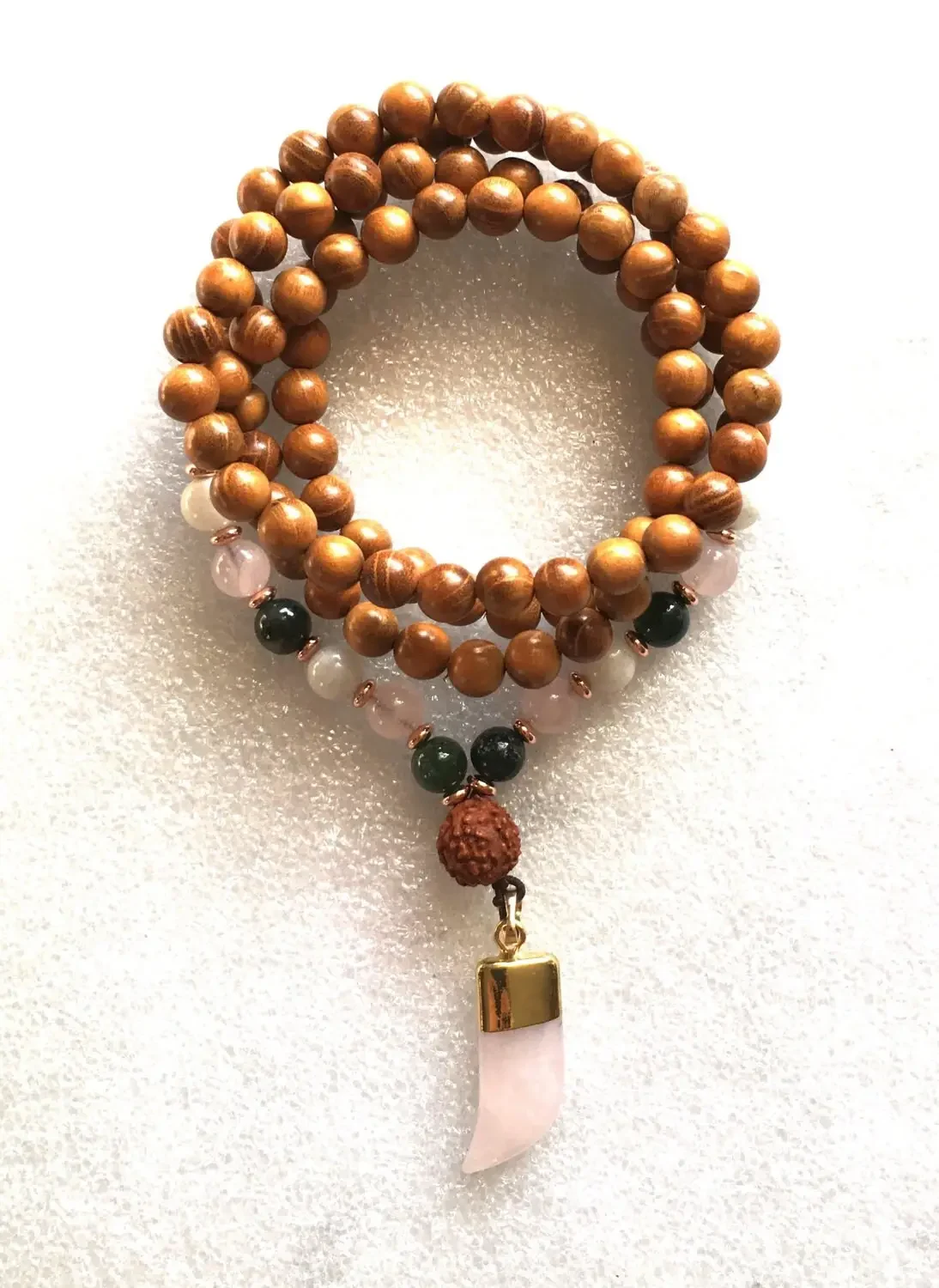 Wood & Rose Quartz Jade Moonstone Wrap Mala Necklace featuring a blend of wood, Rose Quartz, Jade, and Moonstone beads, designed for love, healing, and serenity, supporting the Heart and Crown Chakras, associated with Taurus and Cancer zodiac signs.