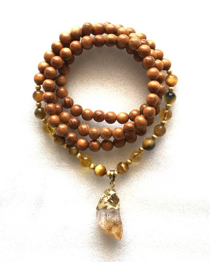 Citrine and Golden Tiger Eye Solar Plexus Chakra mala necklace with wooden beads, designed for confidence and abundance, associated with Leo and Cancer zodiac signs.