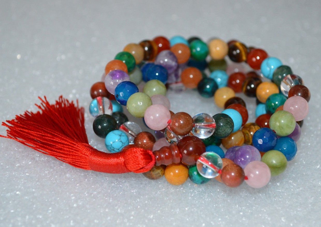 Solar System Necklace, also known as Navratna 9 Planets Mala Necklace, featuring beads representing the nine planets, designed for all chakra alignment, cosmic energy, and balance.