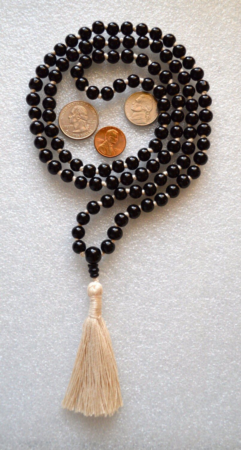  Black Tourmaline Mala Necklace featuring 108 beads, designed for meditation, protection, and spiritual healing