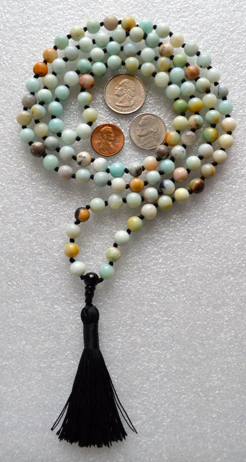 Amazonite Mala Beads Necklace with 108 hand-knotted beads, activating the Heart and Throat Chakras for communication and calming, associated with Virgo and Aquarius.