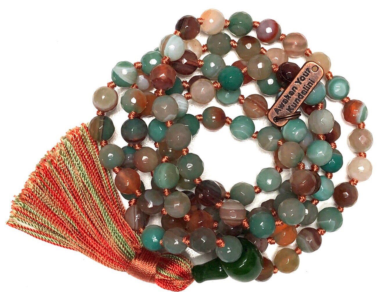 Multicolored Agate Mala Necklace with 108 hand-knotted beads, designed to balance and energize all chakras from Root to Crown. Harmonizes with all zodiac signs, promoting vitality and overall well-being. Ideal for meditation and daily wear.