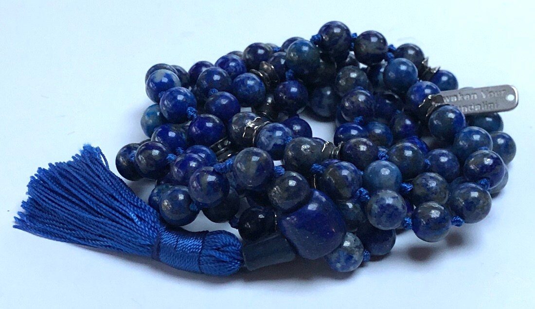 Lapis Lazuli Mala Necklace, aligning with the Throat and Third Eye Chakras, ideal for Sagittarius and Capricorn zodiac signs, enhancing wisdom and communication.