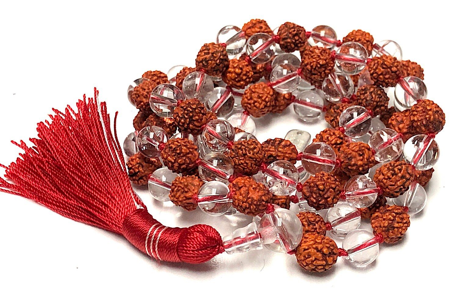 Rudraksha and Quartz Japa Mala Necklace designed for Crown and Root Chakra support, enhancing spiritual clarity and grounding, with beads resonating with Capricorn.