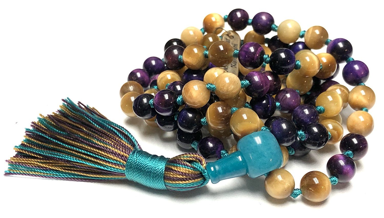 Yellow and Purple Tiger's Eye Mala Necklace featuring 108 hand-knotted beads designed for confidence, intuition, and spiritual growth. Resonates with Leo and Capricorn zodiac signs.