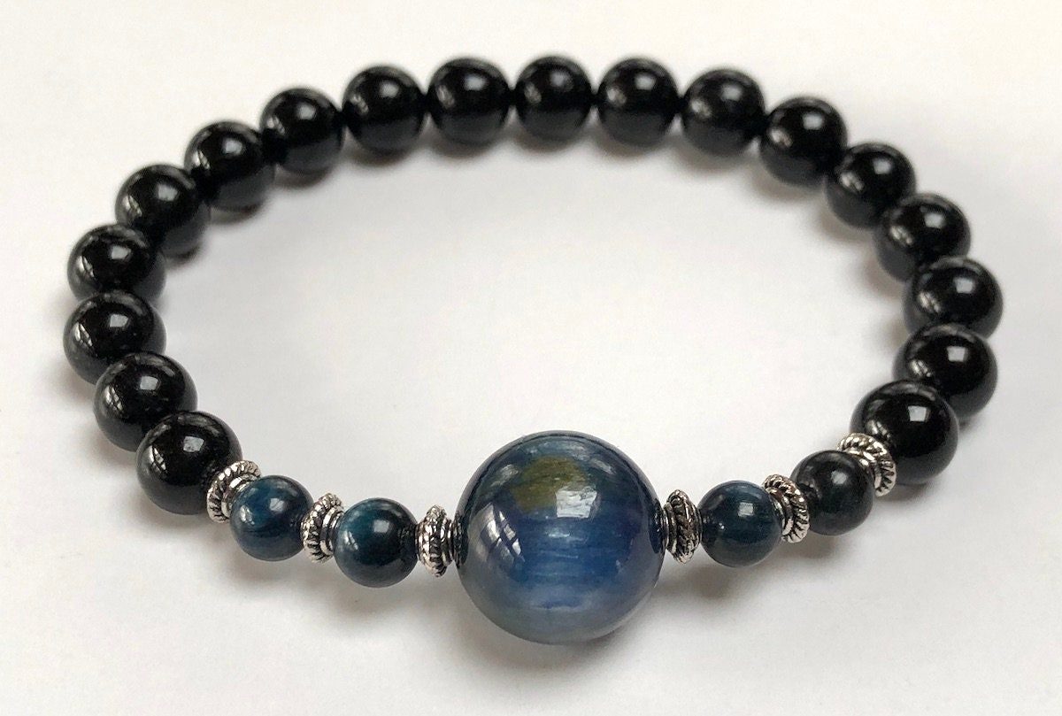 14mm Natural Blue Kyanite & Black Tourmaline Bracelet for Capricorn sun sign, featuring root and throat chakra balancing and protective benefits