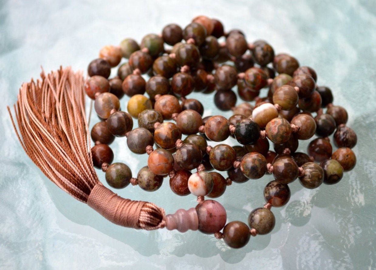 Picture Jasper Mala Necklace designed for Root Chakra grounding and stability, associated with Capricorn and Leo.