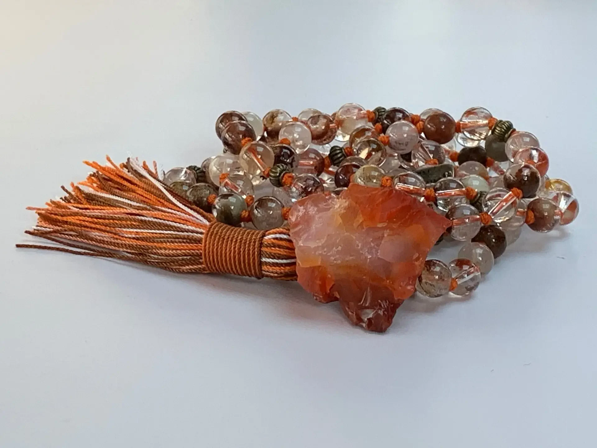 Cacoxenite in Quartz Mala Necklace featuring genuine Cacoxenite and Quartz beads, designed for Third Eye and Crown Chakra balance and Sagittarius spiritual growth.